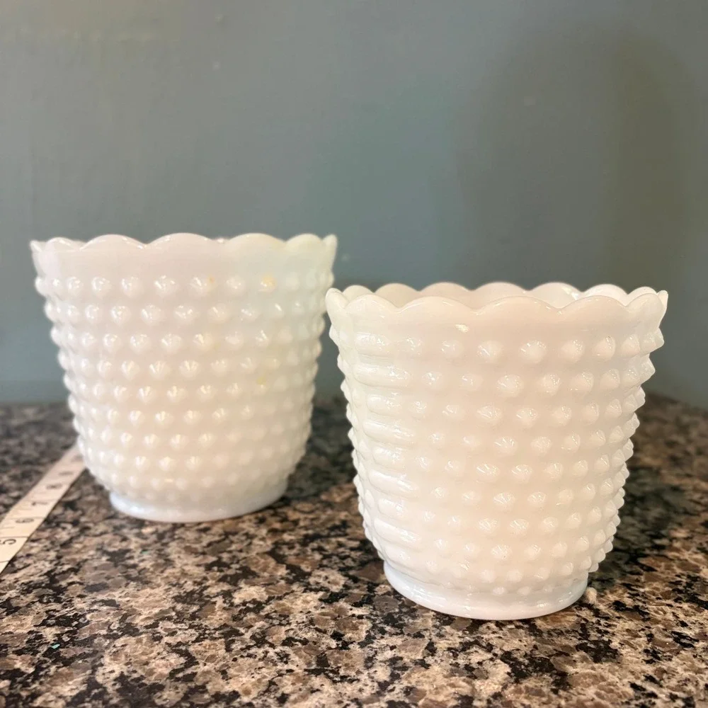 Vintage Fenton Milk Glass Hobnail Planter Set White Scalloped Rim 2 Piece